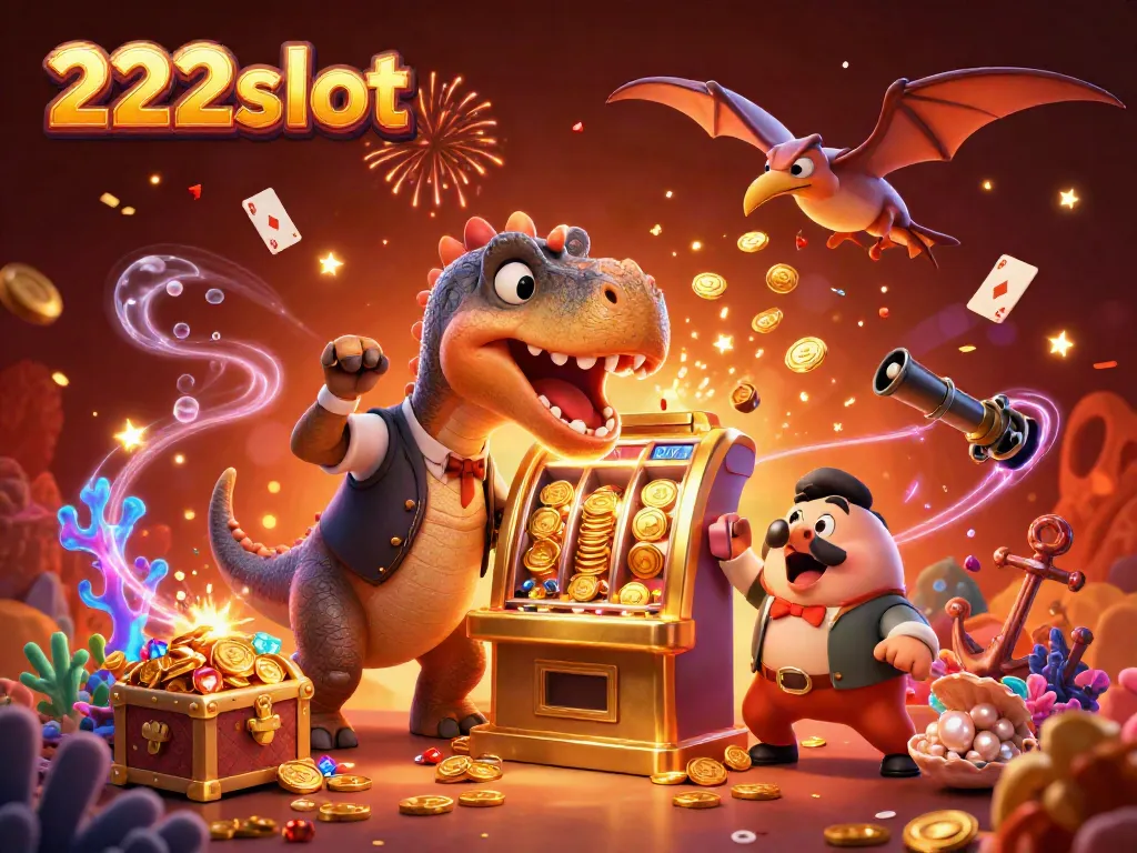 Memenangkan jackpot di 222slot dengan dinosaur lucu dan banyak koin emas.