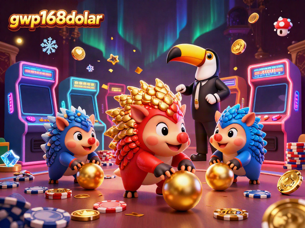 GWP168dolar menampilkan pangolin berkompetisi dengan chip poker dan mesin game berwarna cerah.