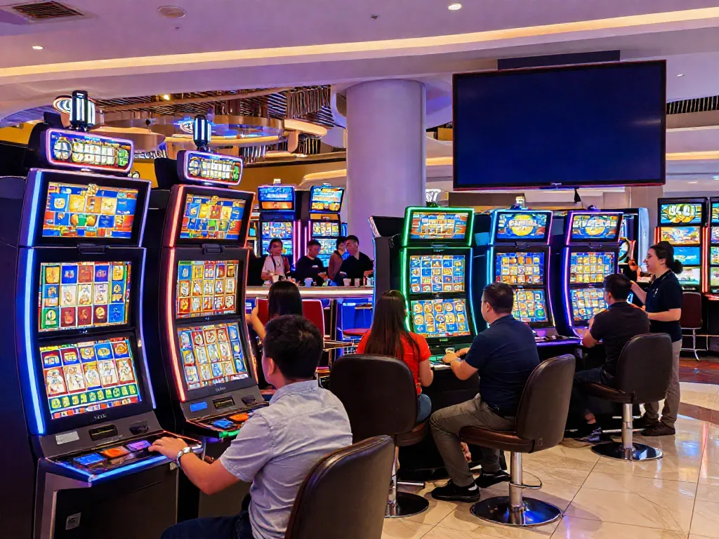 Excited players in a casino playing slot machines aiming for the slot jackpot.