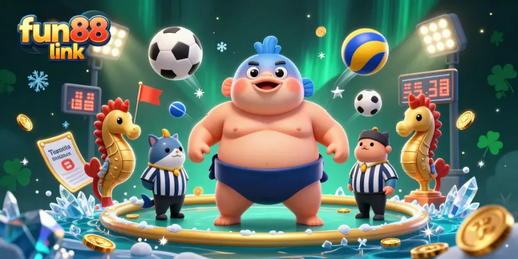 Engage with the fun88 link as you delve into this vibrant underwater casino scene, featuring a puffed-up fugu and dynamic sports elements.