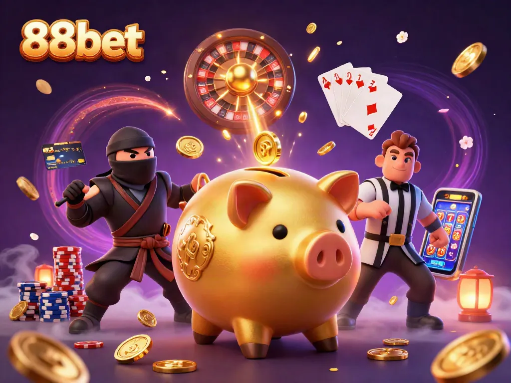 Experience thrilling action with 88bet as golden coins and gems fly in dynamic casino scene.
