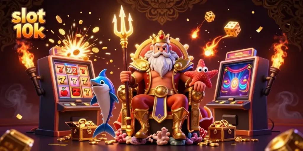 Gambarkan slot 10k dengan karakter Raja Laut dan mesin slot berkilau, kekayaan menanti pemain.