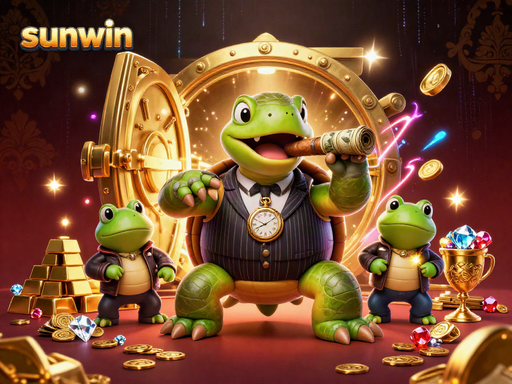 Experience thrilling gameplay as sunwin's snapping turtle character joins bullfrog enforcers in a vibrant casino setting.