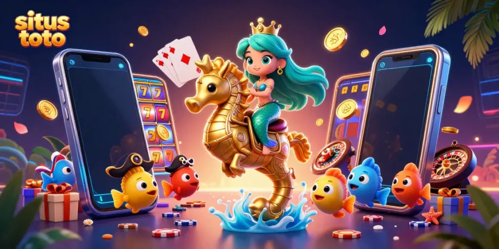 Experience situs toto with an enchanting mermaid and seahorse amidst vibrant casino elements