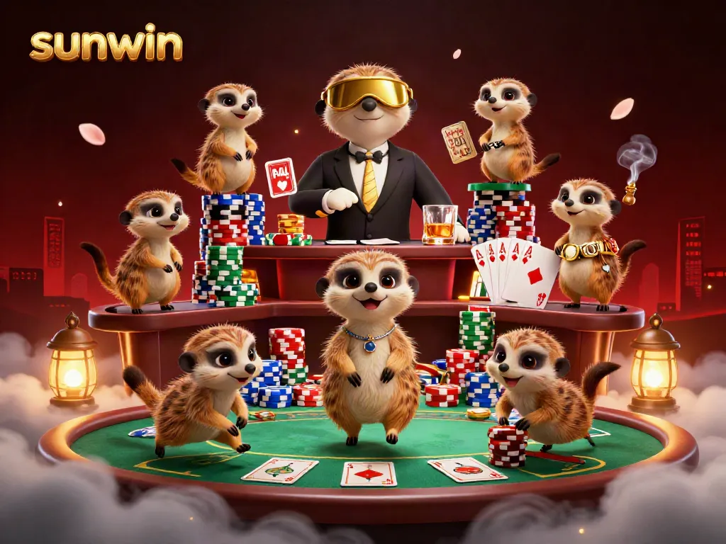 Engage in sunwin casino excitement with playful meerkats managing high-stakes poker action in a vibrant setting.