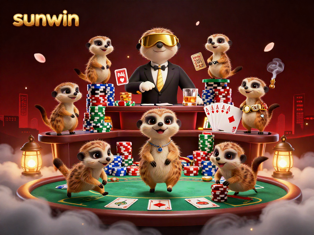 Engage in sunwin casino excitement with playful meerkats managing high-stakes poker action in a vibrant setting.