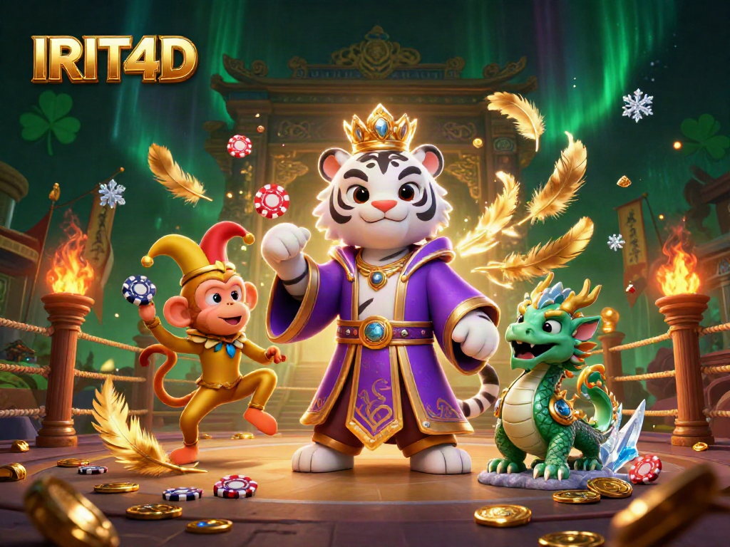 Experience the excitement of IRIT4D with a vibrant illustration showcasing a gambling scene filled with characters and game elements.
