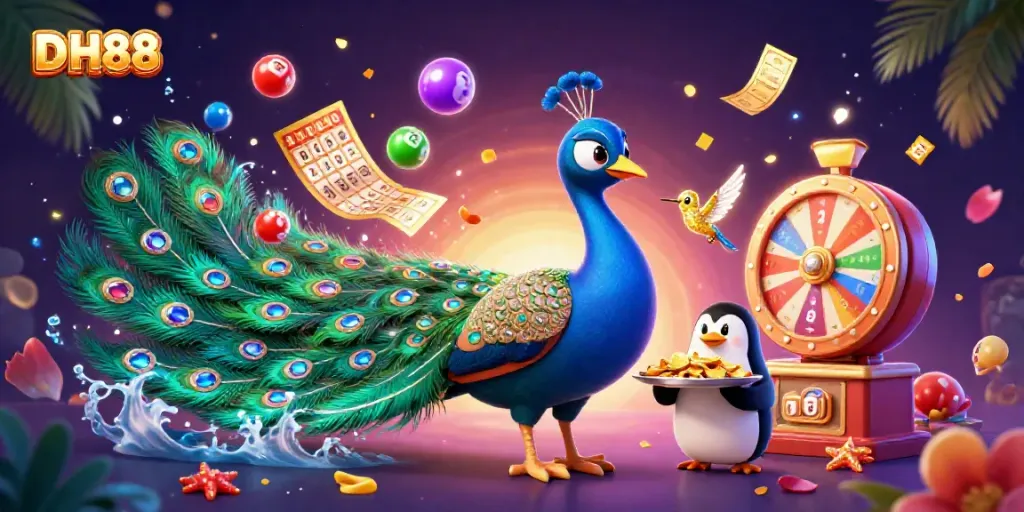 Engage with DH88 while witnessing a vibrant casino scene featuring dynamic lottery elements.