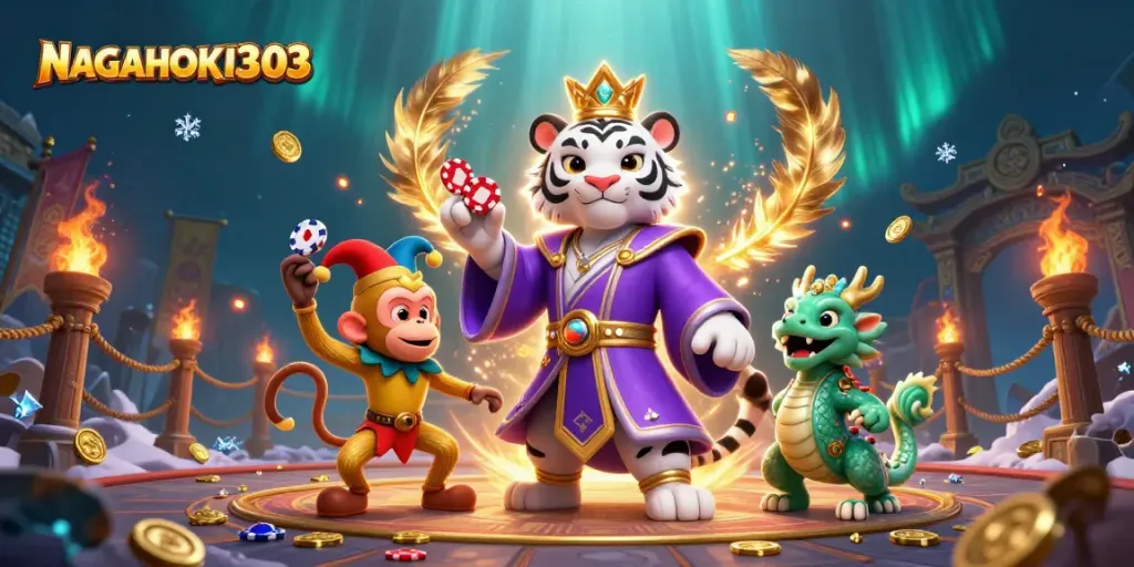 Permainan beruntung di NAGAHOKI303 dengan harimau, monyet, dan naga, meraikan keberuntungan.