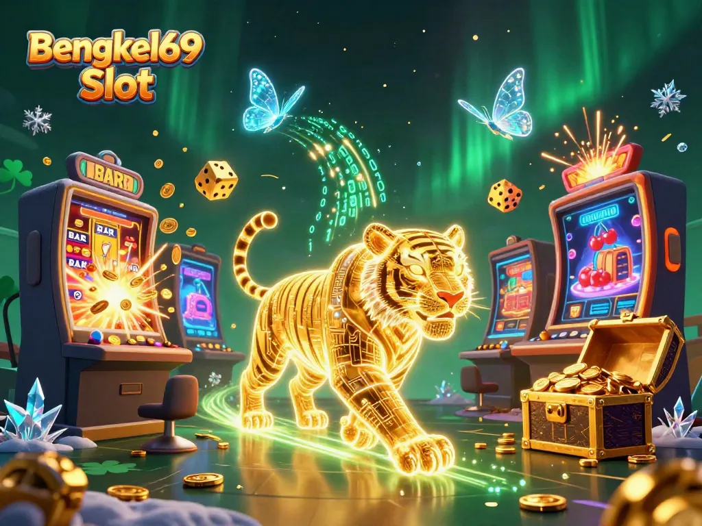 Experience the excitement of Bengkel69 Slot with dynamic visuals and vibrant colors in this 3D casino illustration.