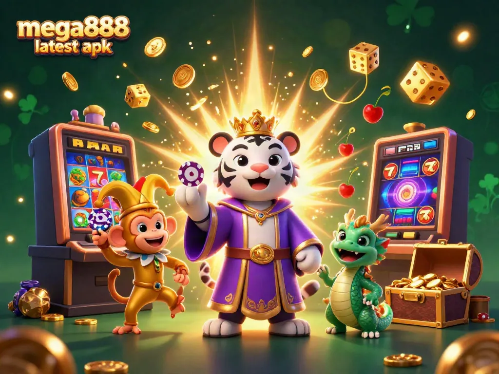 Jelajahi mega888 latest apk dengan simbol keberuntungan seperti jackpot dan permainan kasino dalam ilustrasi 3D yang menarik.