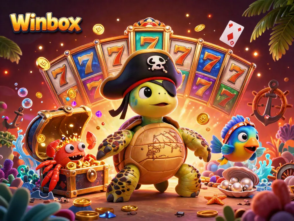Engage with Winbox, explore dynamic gambling scenes featuring turtles, crab, and slot elements.