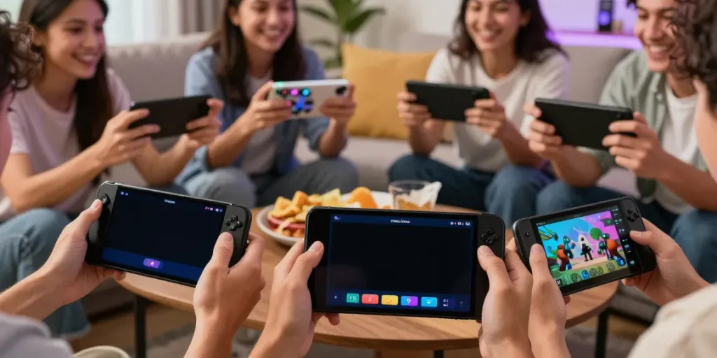 Exciting multiplayer gaming moment with friends using Yono Games app on smartphones.