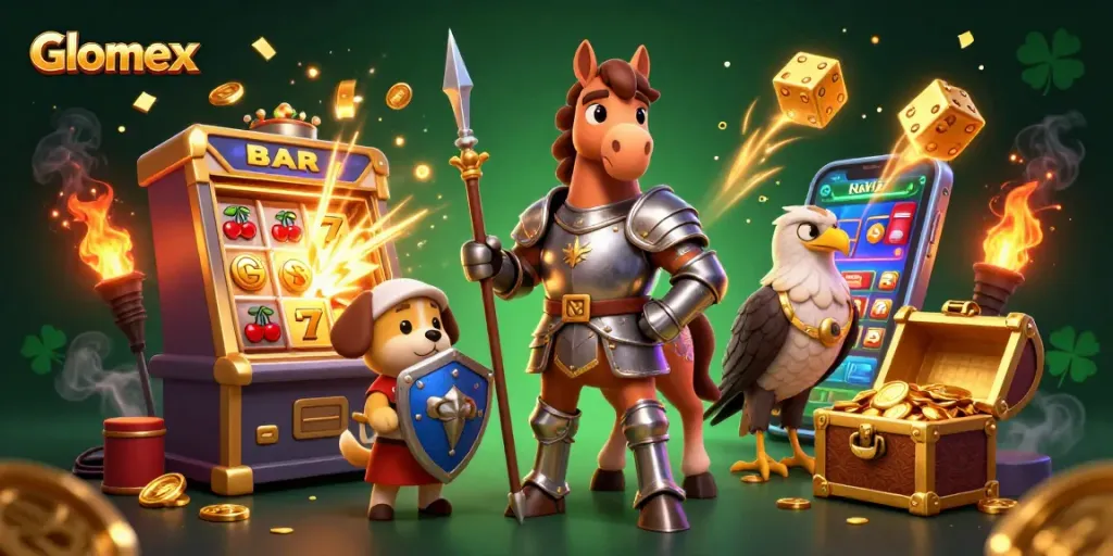 Engage with the thrilling Glomex casino adventure, featuring knights and jackpots in an exciting scene.