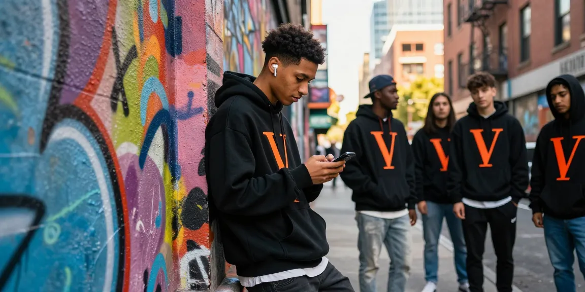 Urban Vlone streetwear style with bold graphics and youthful energy.