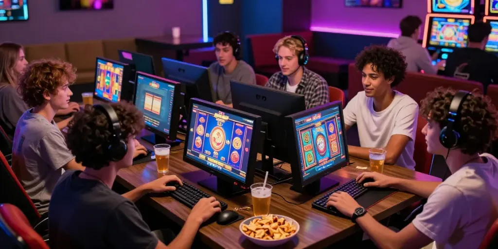Group enjoying thrilling sessions of 513 Slots in a vibrant gaming lounge.