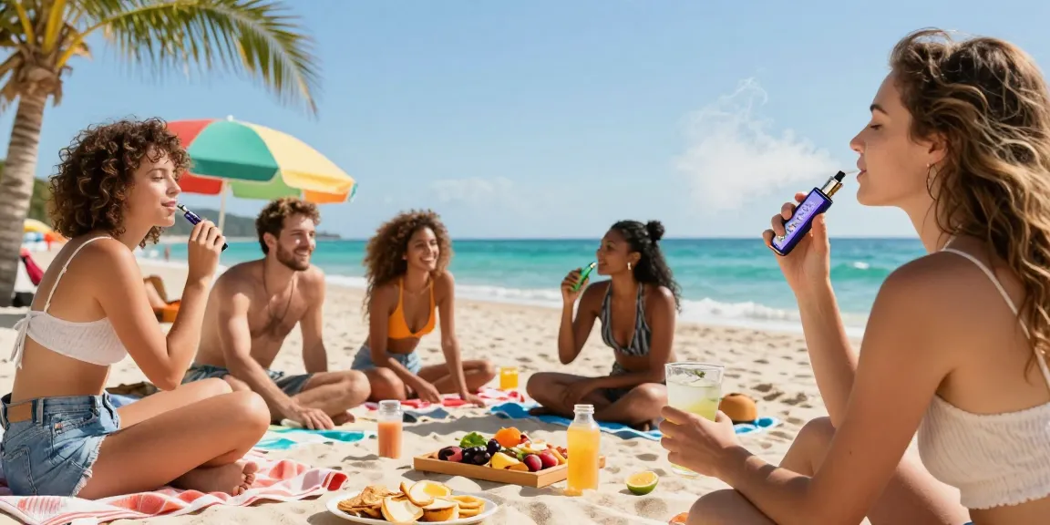 Can you vape in Cyprus? Friends responsibly enjoying vaping with CBD drinks on the beach, promoting wellness and safe usage.