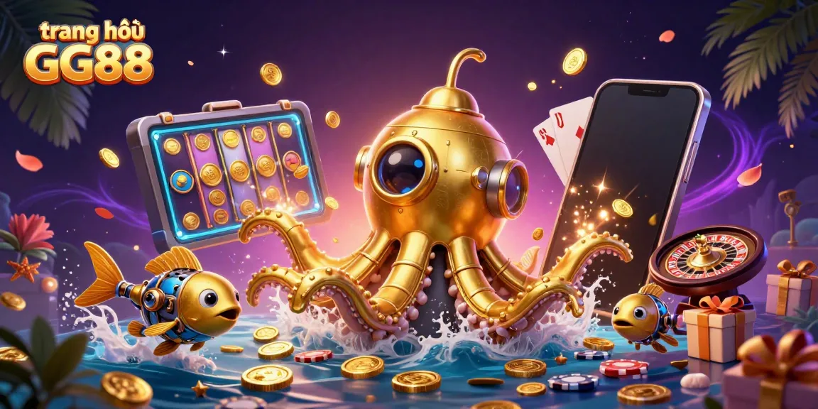 Experience the thrill of winning with the vibrant trang chủ GG88 casino scene featuring a golden kraken submarine amidst interactive games.