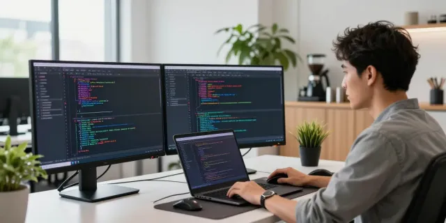 A80 information platform showcased in a modern tech workspace with a developer coding on dual monitors.