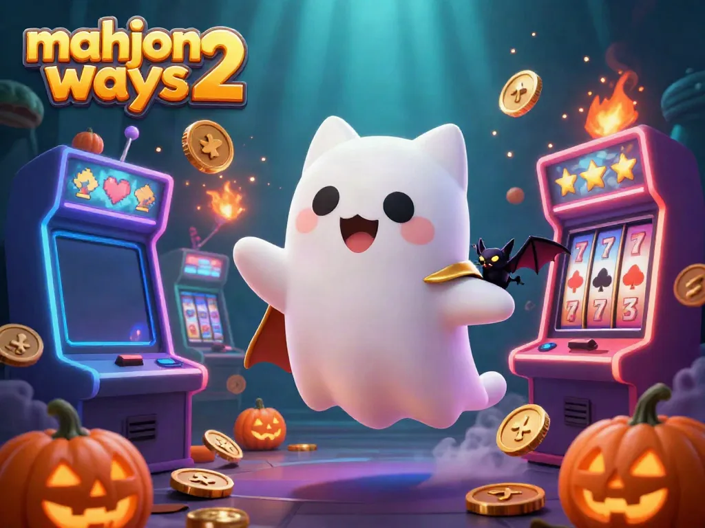 Experience the excitement of Mahjong Ways 2 with a vibrant casino scene featuring a ghost cat, vampire bat, and glowing jack-o-lanterns.
