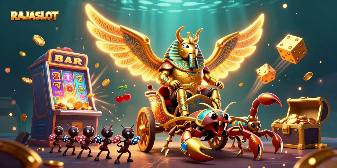 Menangkan jackpot di RAJASLOT dengan scarab emas yang mengemudikan kereta, dikelilingi mesin slot dan harta karun.