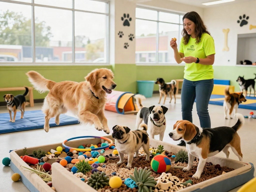 Playful dogs in daycare performing activities with the keyword slot88 in a vibrant environment.