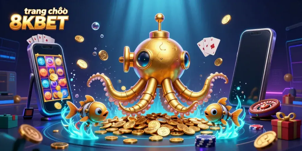 Experience the excitement of the trang chủ 8KBET with vibrant slot game elements and captivating characters in a gold coin-filled scene.