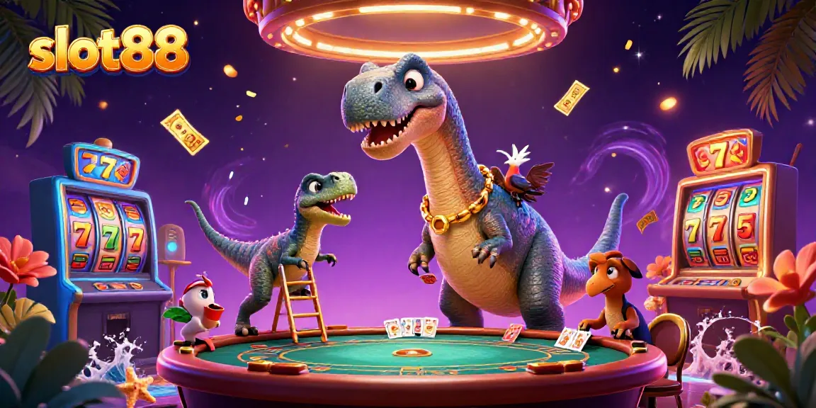 Slot88 menawarkan permainan slot yang beragam dengan pengalaman menarik melihat karakter kartun dinosaur di kasino.