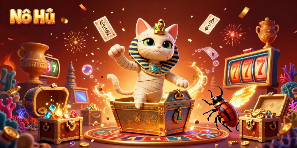Nổ Hũ engages players with dynamic gaming elements in a rich casino scene featuring a mummy cat.