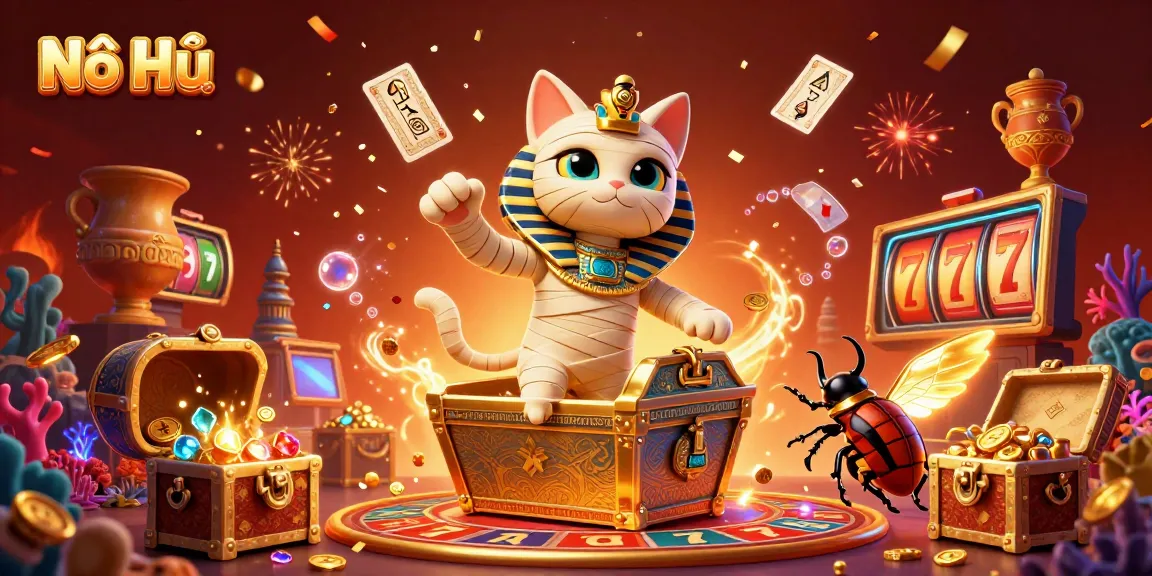 Nổ Hũ engages players with dynamic gaming elements in a rich casino scene featuring a mummy cat.