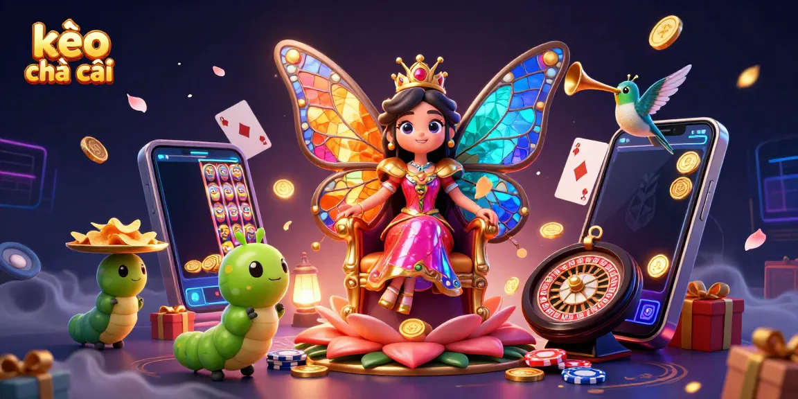 Experience the excitement of kèo nhà cái with a vibrant 3D butterfly queen illustration representing online gambling.