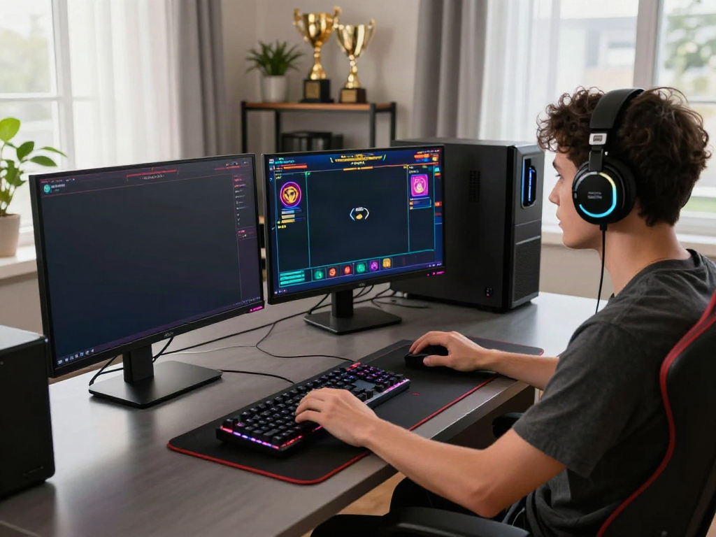 Akunjp gaming enthusiast engaged in vibrant online slot gaming setup.