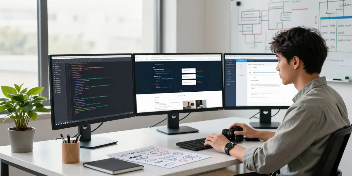 Website developer near me coding in a modern workspace with multiple monitors and project materials.