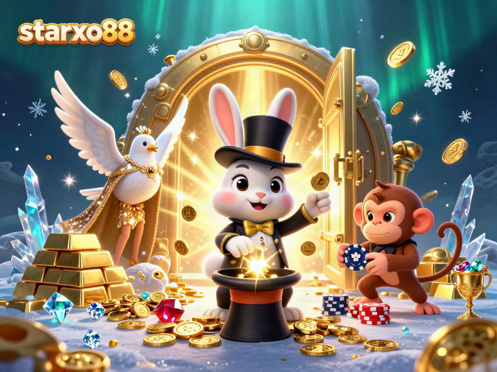 Join the excitement at starxo88 with a lively scene of a magician rabbit enchanting players with golden coins amidst a vibrant casino
