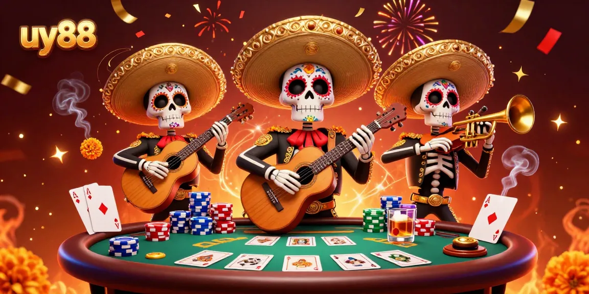 Experience the thrill of uy88 with a colorful Day of the Dead mariachi casino scene.