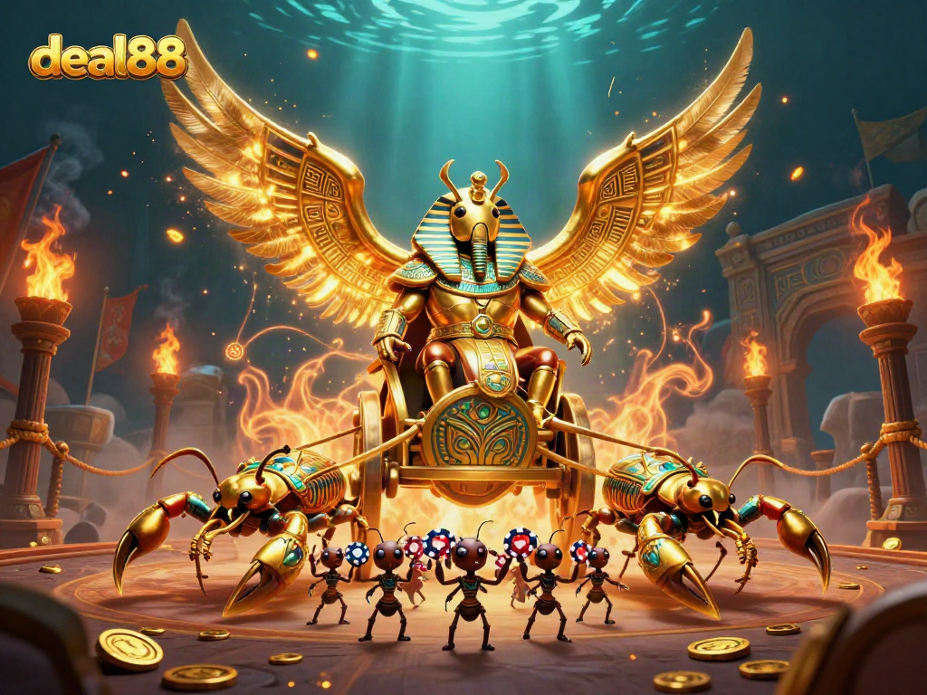Experience excitement at deal88 with golden beetles and chips in a vibrant casino battle scene.