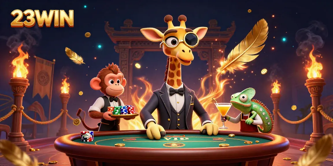 23WIN showcases a high-roller giraffe and monkey valet at a VIP poker table, exuding lavish casino vibes.