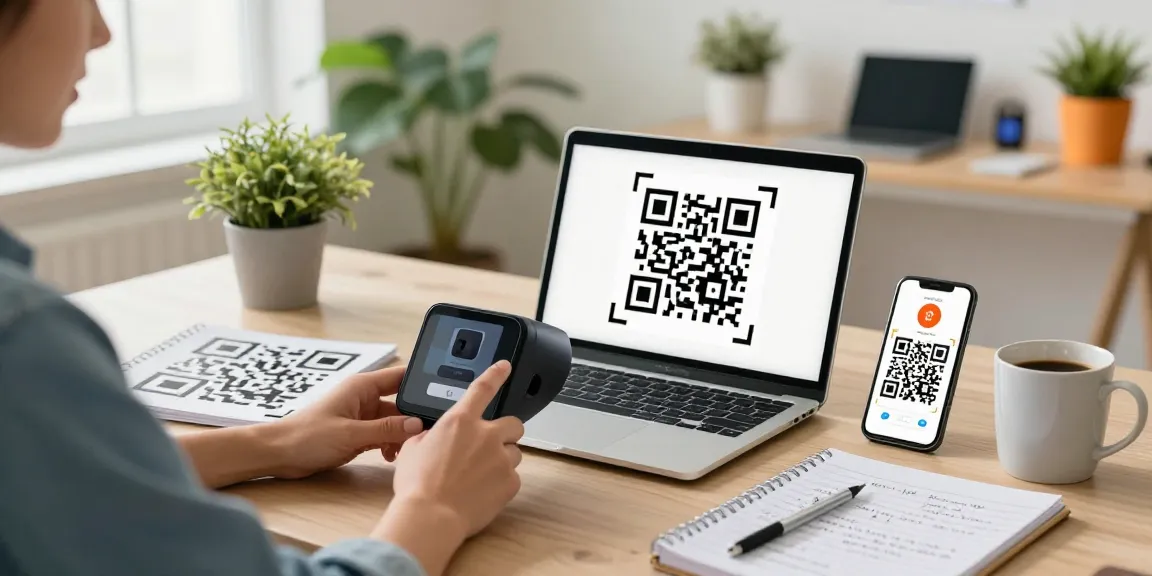 Engaged user utilizing a qr code reader on a laptop in a modern workspace, showcasing effective scanning.