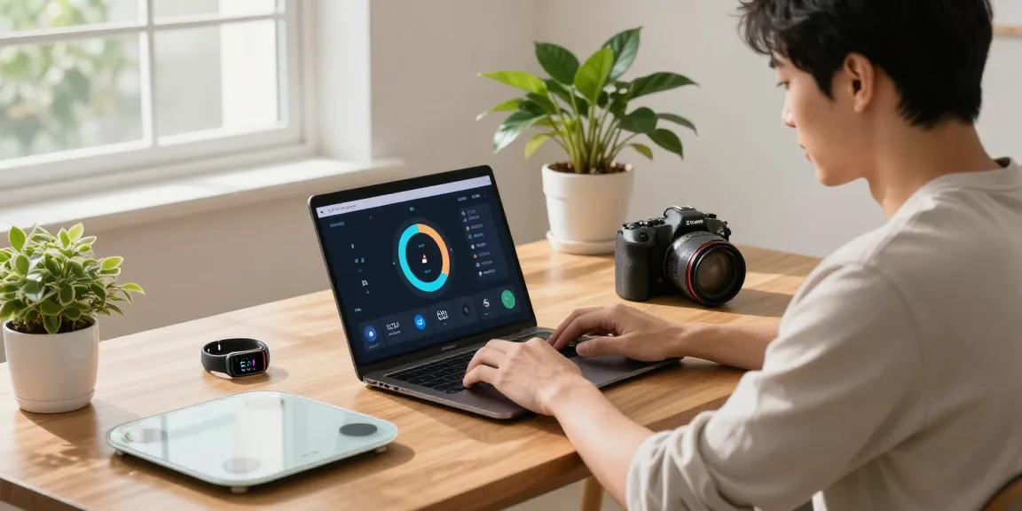 Smart ring displayed on the table with fitness gadgets in a modern home office setting