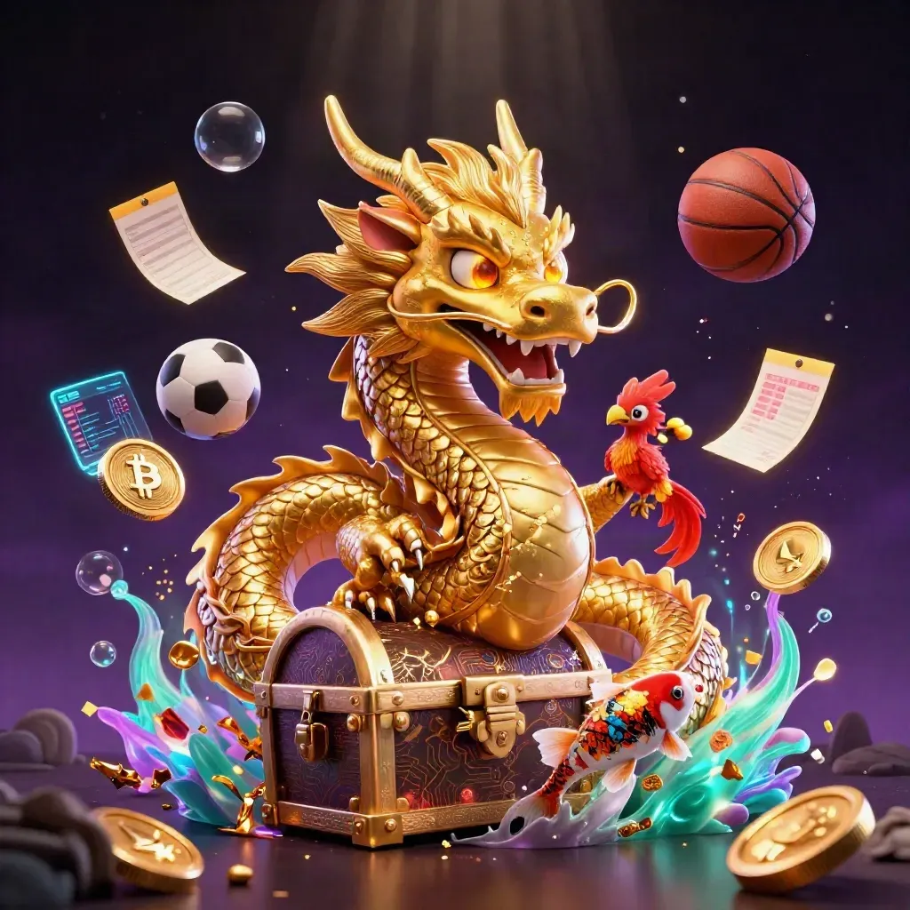 Golden dragon with phoenix, koi, crypto coins, sports balls, and neon casino glow