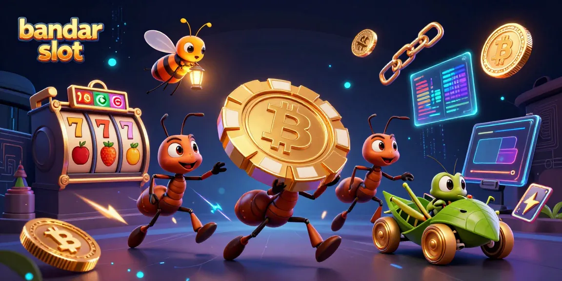 Ants berlari membawa chip poker raksasa di tunnel dalam ilustrasi bandar slot