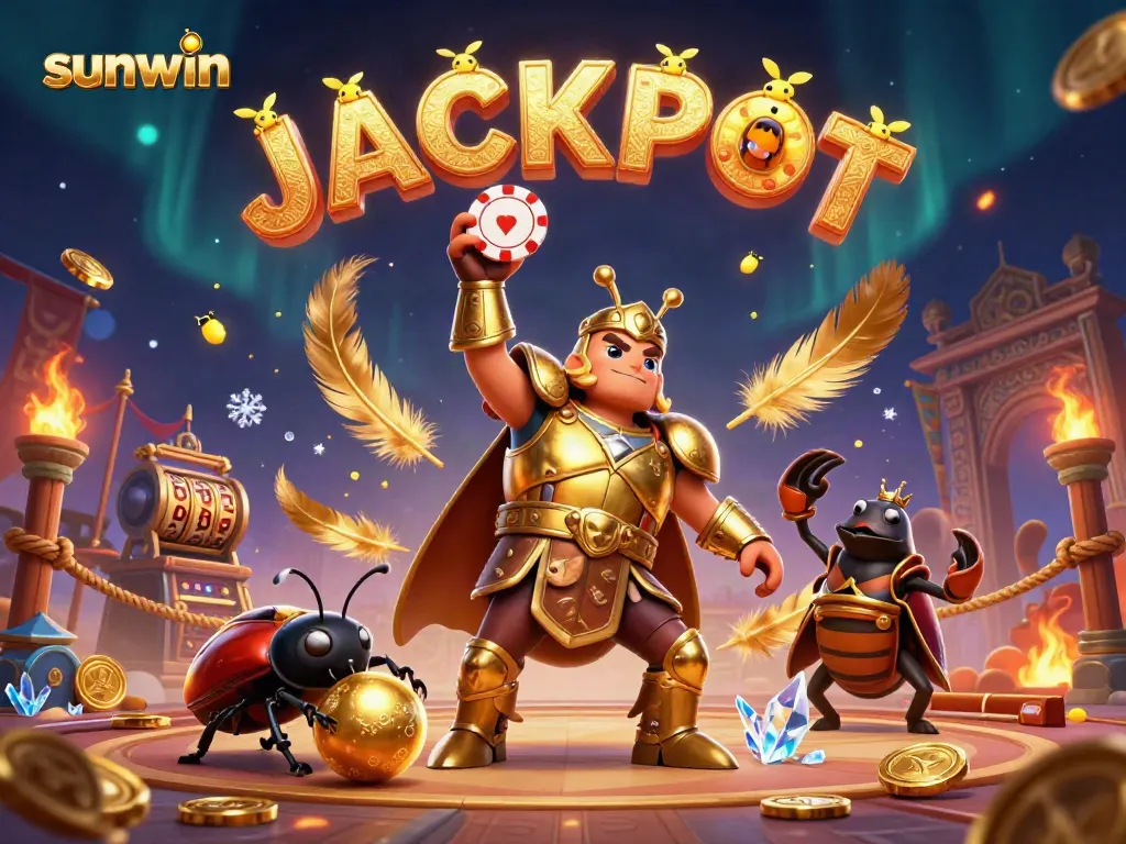 Sunwin highlights victory with a victorious beetle and dazzling casino elements, showcasing a vibrant jackpot atmosphere.