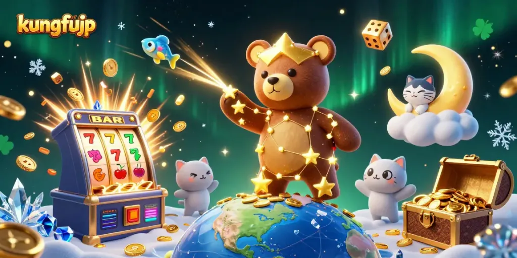 Mengumpulkan koin dalam permainan kasino kungfujp dengan karakter beruang bintang dan mesin slot membawa keberuntungan.