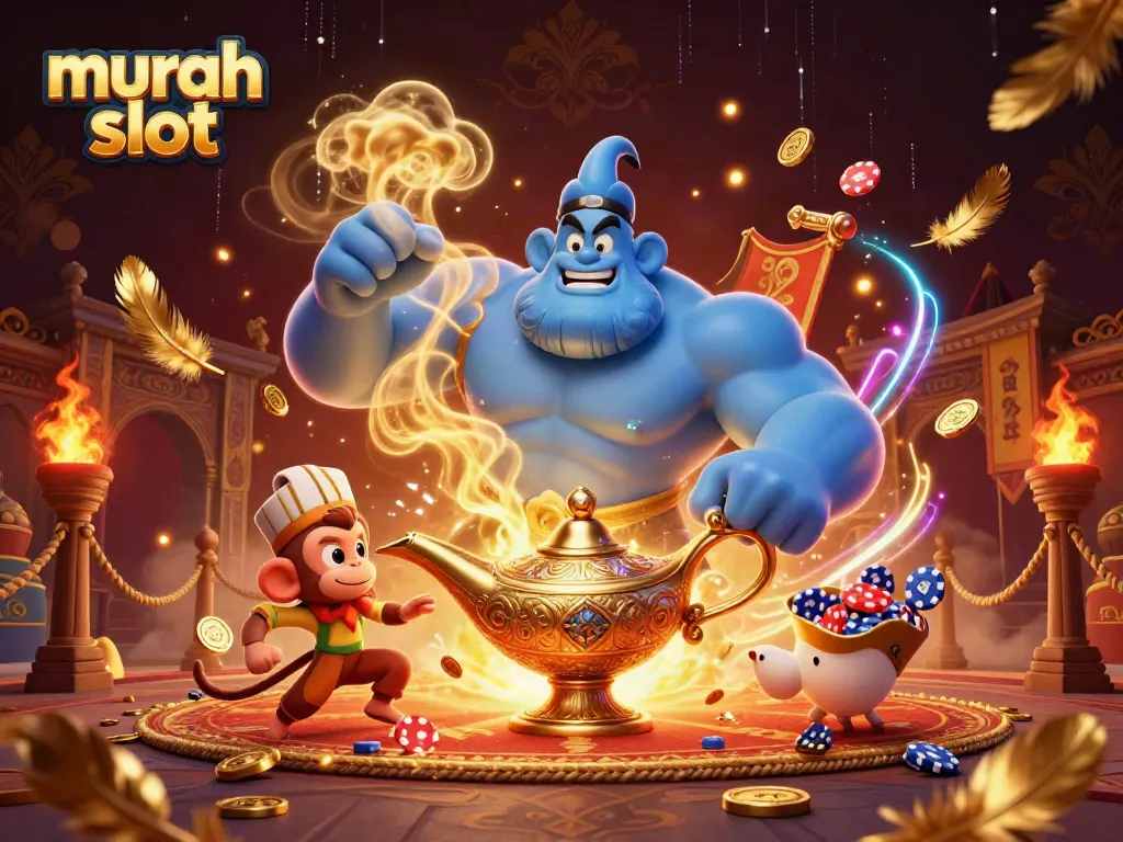 Visualisasi menarik dari permainan murah slot dengan karakter genie dan monyet.