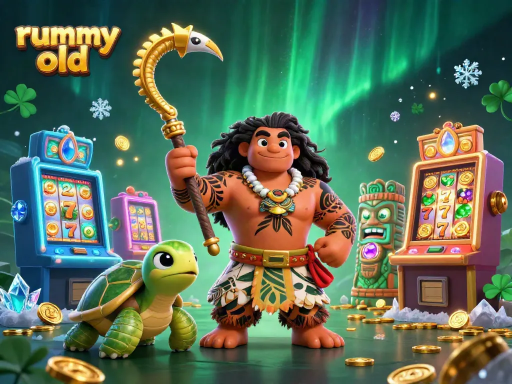 Permainan rummy old dengan karakter kartun 3D dan mesin slot berkilauan dalam suasana ceria.