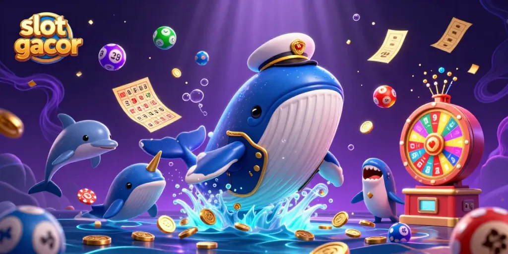Mainkan slot gacor melalui ilustrasi kartun 3D yang menampilkan paus berseragam di lautan koin, penuhi pengalaman perjudian Anda!