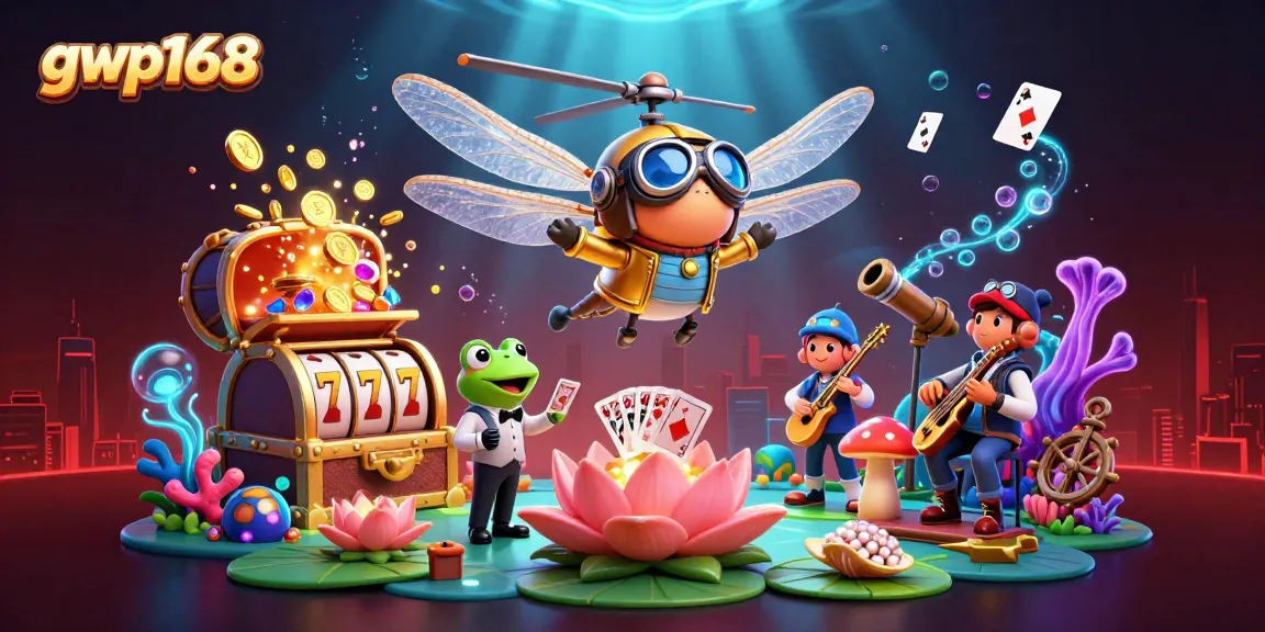 Akses berfungsi GWP168 dengan pemandangan kasino lily pad, dealer katak, dan musisi jazzy di bawah