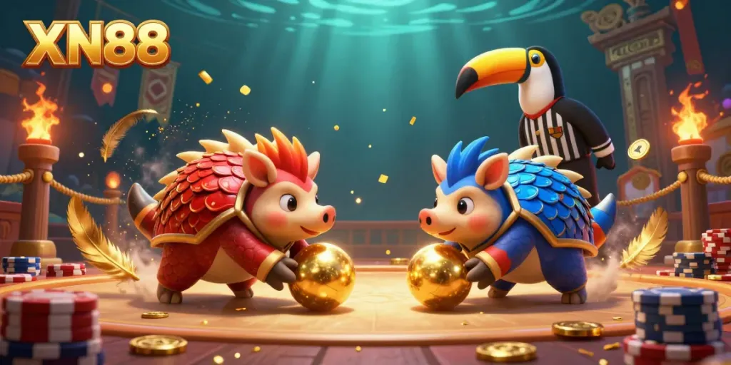 Bowling pangolins compete in XN88-themed casino scene with poker chips and vibrant effects.