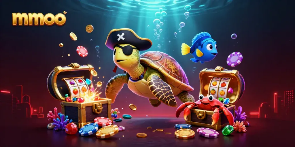 Join the adventure with mmoo, a pirate turtle and friends, amidst lively gambling treasures and vibrant underwater scenery.