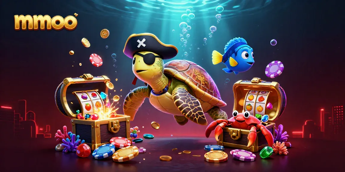 Join the adventure with mmoo, a pirate turtle and friends, amidst lively gambling treasures and vibrant underwater scenery.